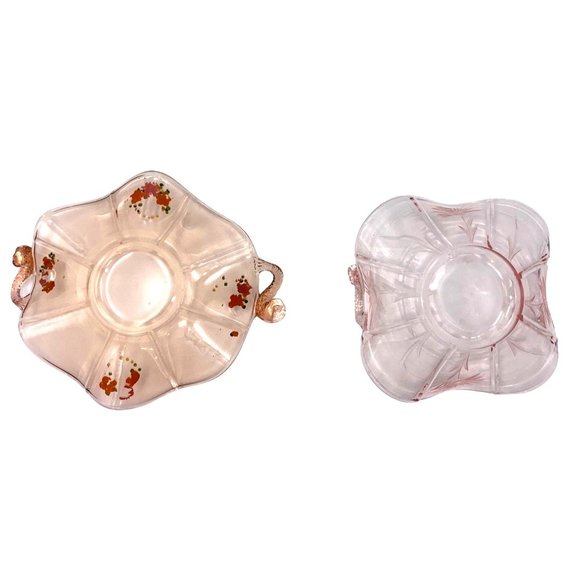 Fenton Candy Dishes 2 Items Dolphin Handles 1930s Pink Depression Cut Glass Hand - Picture 16 of 16